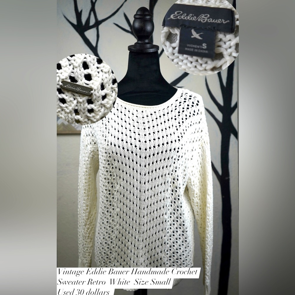 Vintage Eddie Bauer Handmade Crochet
Sweater Retro White Small